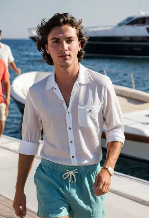 25 year old boy walking down the street in Madrid, dark brown hair, medium short and combed back, his hair is wavy, dressed in beach clothes on a yacht in the Mediterranean.