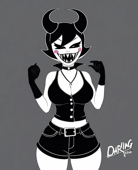 (best quality, masterpiece1.2), 1girl, solo, antro, cally3d, punk girl, club, (black body), (ink darling), horns, black horns, sharp teeth, devil tail, (writing on tank top that says "Darling"), devil tank top, risqué shorts, blush, woman, black eyes, (bla...