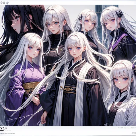 ((masterpiece)), (((best quality))), (character design sheet, same character, 3 views, front, side, back), Illustration, 1 boy, teenager, long hair, white hair color, bangs, hairstyle fax, albino, purple eyes, beautiful blind eyes, pretty face, androgynous...