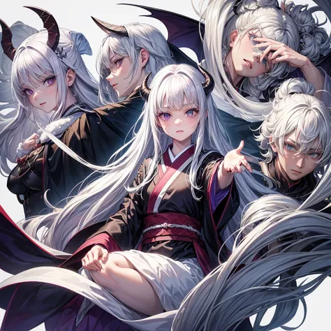 ((masterpiece)), (((best quality))), (character design sheet, same character, 3 views, front, side, back), Illustration, 1 boy, teenager, long hair, white hair color, bangs, hairstyle fax, albino, purple eyes, beautiful blind eyes, pretty face, androgynous...