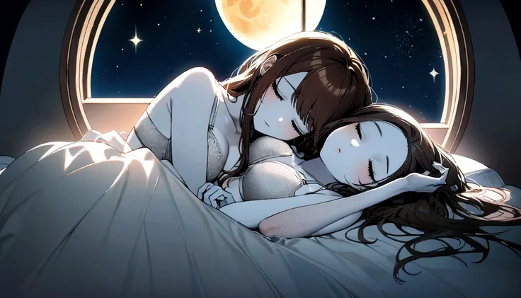 high quality,8k Ultra, A dreamy and ethereal image of a woman sleeping under the stars, Bed, window, mesh bra, White  bra, Brown hair, skyblue Color Moon, the whole body, korean woman,White skin color,