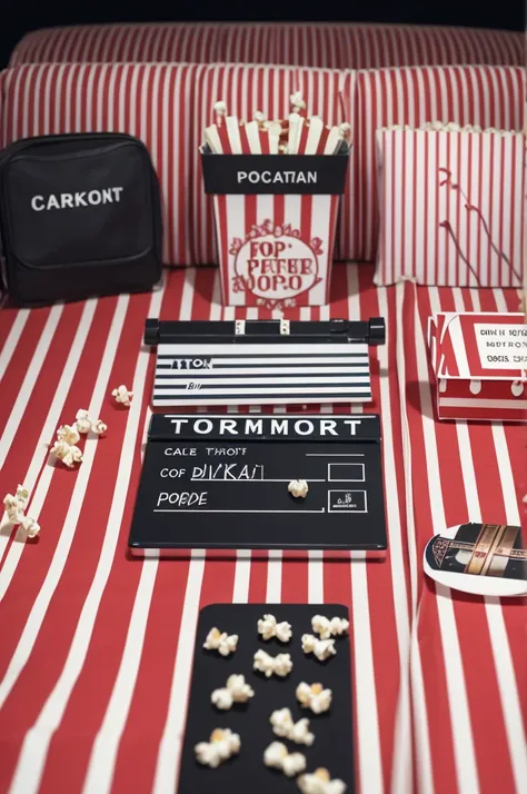 Striped package with popcorn,movie clapperboard,movie screen