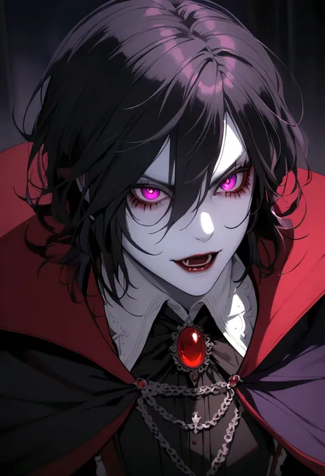 A vampire, white skin vampire, purples eyes, Long black hair, red cape and black clothes