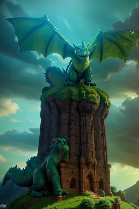 A muscular green dragon, extremely detailed, climbing up a giant beanstalk castle in the clouds, hyperrealistic, cinematic lighting, dramatic scene, fantasy art, epic scale, dramatic lighting, vibrant colors, lush foliage, ornate architecture, intricate de...