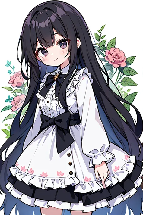 Long black hair、Cute girl with black eyes、smile、Wear classic styles、High waist design and calf length full skirt。The fabric features large white and pink roses on a pale blue background.、It is an intricate floral pattern with green leaves.。on top of one pi...