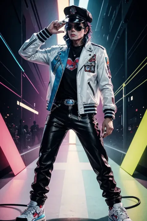 michael jackson punk ,standing in front, white shoe, wearing colored glasses, wearing jacket, cap, led shock beams, humanoid fro...