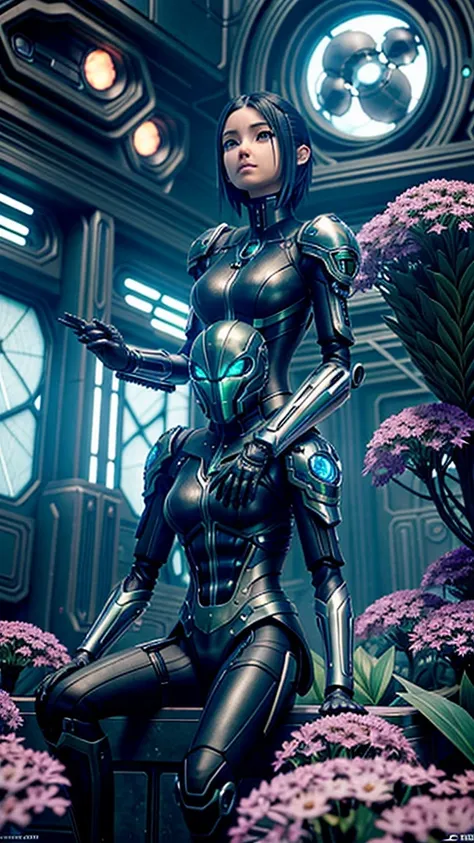 a young boy sitting in front of a giant alien plant, cgsociety 9, cgsociety ), nekro xiii, nekro iii, cgsociety, love death and robots, dreampunk romanticism artwork, kind cyborg girl with flowers, 2. 5 d cgi anime fantasy artwork, still from alita, realis...