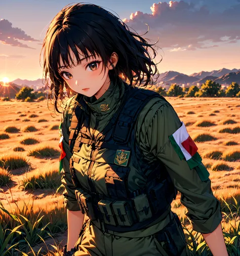 Asian woman with green tactical camouflage,light brown and pixelated lime green standing in a grass field in the evening light wearing a tactical vest with the letters "MARINA" with a badge of the Mexican flag on his left arm 