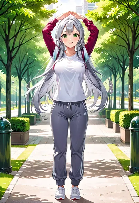 Pretty asian woman, bright silver hair, long hair, green eyes, busty, sweat pants and a white t shirt, cute, anime style, standing center of a park, hands up in the air, full body photo, empty environment, smiling