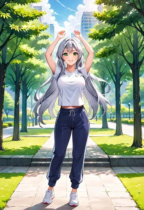 Pretty asian woman, bright silver hair, long hair, green eyes, busty, sweat pants and a white t shirt, cute, anime style, standing center of a park, hands up in the air, full body photo, empty environment, smiling