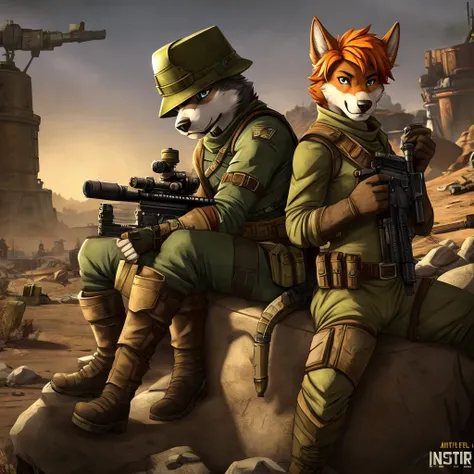 Gray husky with orange hair, fallout, NCR ranger, sniper rifle on back, pipboy, New Vegas 