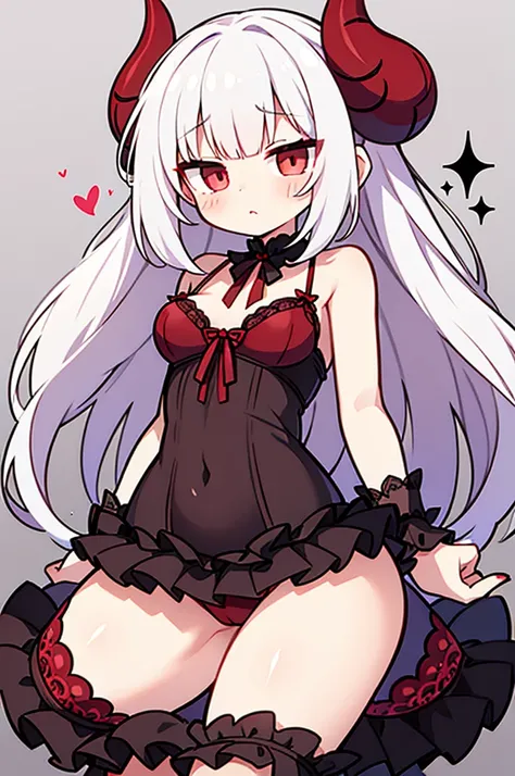 Young demon girl, long white hair, red eyes, red horns, sexy frilly lacy lingerie, young, small breasts, large eyes