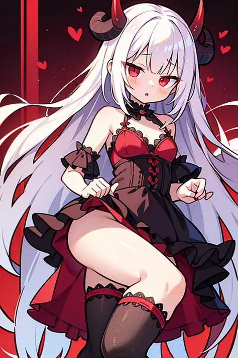 Young demon girl, long white hair, red eyes, red horns, sexy frilly lacy lingerie, young, small breasts, large eyes