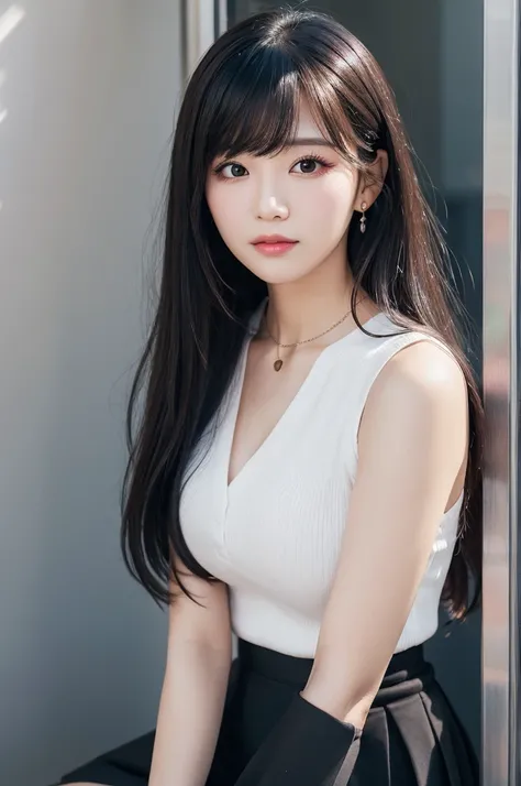 Portrait of a beautiful woman:1.2 , Bangs, Eyeliner, Black Skirt, Long Black Hair , confidence , Mid-chest,