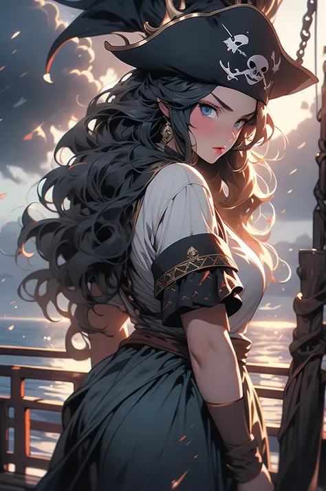 pirate girl, back hair, glowing eyes, storm, dark clouds, voluptuous, plump, ship deck