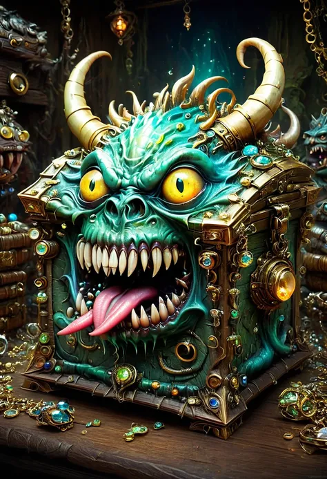 Mimic，Treasure Box Monster，Weird tongue and nasty teeth. Scattered jewelry, by Alexander Jansson, best quality, masterpiece, very aesthetic, perfect composition, intricate details, ultra-detailed