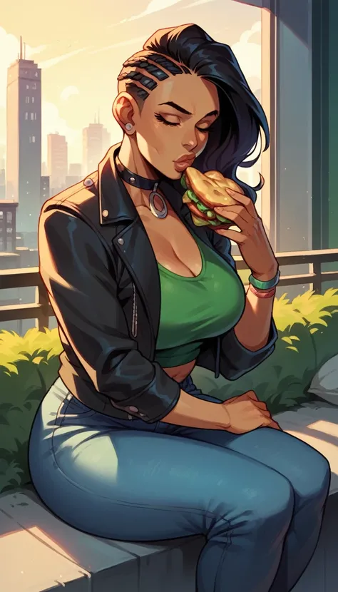 laura matsuda, mature, brown skin, green cropped, black jacket, chocker, jeans, looking around, morning, city, strong, closed lips, full lips, sit, eating hamburguer
