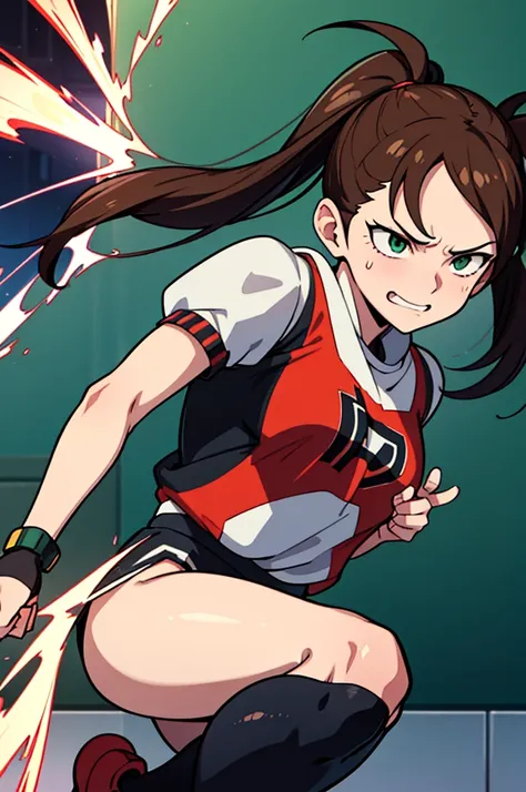 In the bustling arena of U.A. High Schools sports festival, a girl with long pigtails of brown hair stood confidently, her green eyes glinting with determination. Her pale skin contrasted sharply with her vibrant gym uniform, making her presence all the mo...