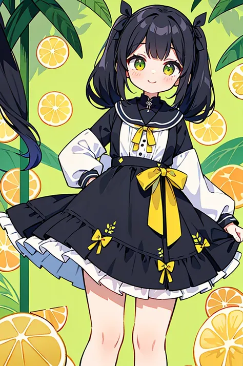 Black Hair、cute girl with twin tails、smile、The dress she is wearing has a vintage design and long sleeves.、High neck、A ribbon is tied on the collar。The fabric is based on white.、All-over pattern of green leaves and yellow lemons。The waist is cinched、The fl...