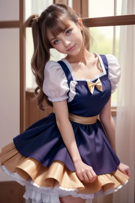 1girl in、AS-Adult、、A smile、The shirt、skirt by the、（small tits）、doress、pinafore、bun or ribbon 、（Maids）、Upper body portrait、light tan hair, portrait