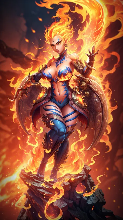 Fantasyart、(top-quality、​masterpiece:1.2)、ultra-detailliert、(photoRealstic:1.1)、(sharp focus)、(A female spirit of melted flame that burns bright red:1.5)、(full body Esbian:1.4)、Detailed Molten Fire Elemental, fire demon wings、(Red and Yellow Blue Flame:1.5...