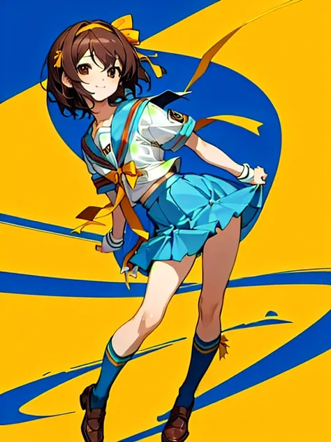 masterpiece, best quality, highres, 1girl, suzumiya haruhi, solo, kita high , blue sailor collar,  sailor collar, blue skirt, brown hair, short hair, brown eyes, armband, hairband, medium hair, ribbon, socks, medium breasts,  frontal wide shot, standing, f...