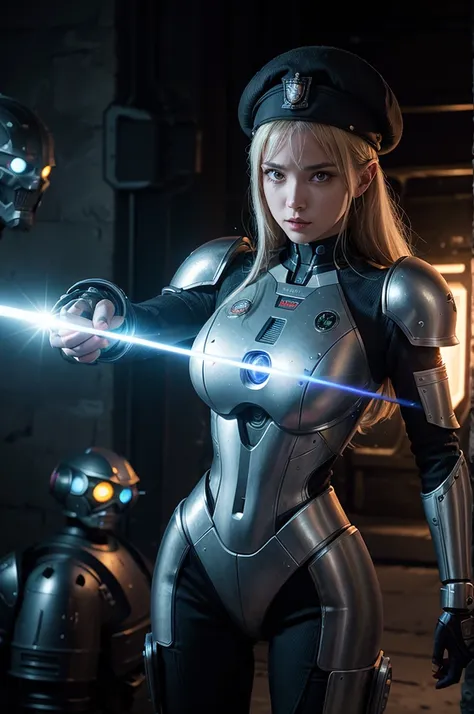 A WARRIOR WOMAN with a robotic arm, wearing a beret, dressed in futuristic armor. She holds a glowing sword in one hand and a laser gun in the other, surrounded by knights, zombies and aliens on a sci-fi medieval battlefield. The scene is a vibrant vector ...