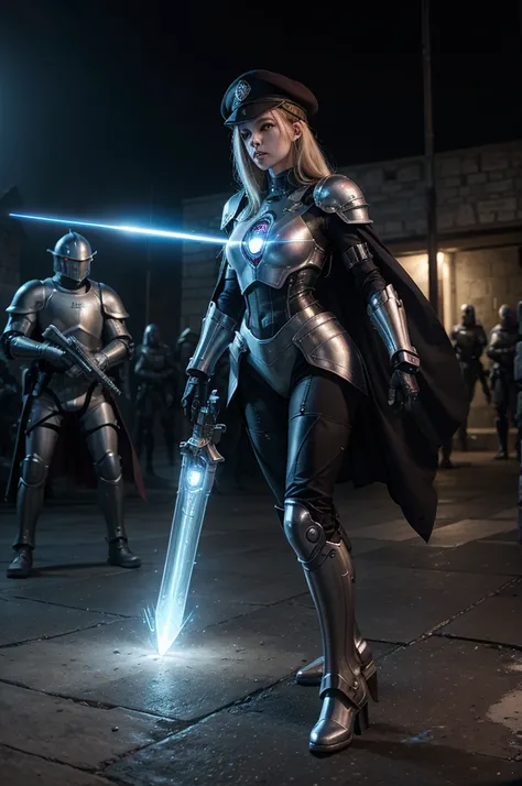 A WARRIOR WOMAN with a robotic arm, wearing a beret, dressed in futuristic armor. She holds a glowing sword in one hand and a laser gun in the other, surrounded by knights, zombies and aliens on a sci-fi medieval battlefield. The scene is a vibrant vector ...