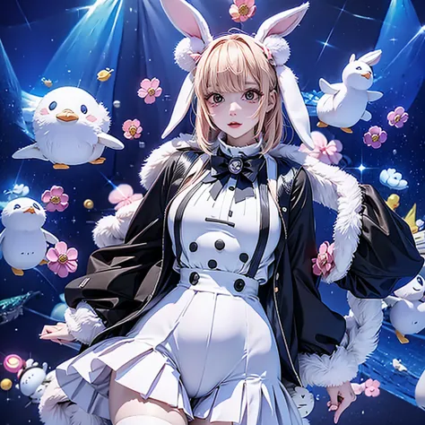 Jisso k-pop idol, dressing a bunny Penguin suit, huge, detailed body,