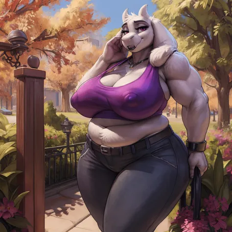 by darkgem, by duase, by kevinsano, solo, 1girl, toriel, maroon eyes, female, older woman, furry body, chubby, heavyset, broad shoulders, wide body, wide hips, thick thighs, big arms, heavy breasts, nipple outline, highly detailed eye, (black pupil:1.3), m...