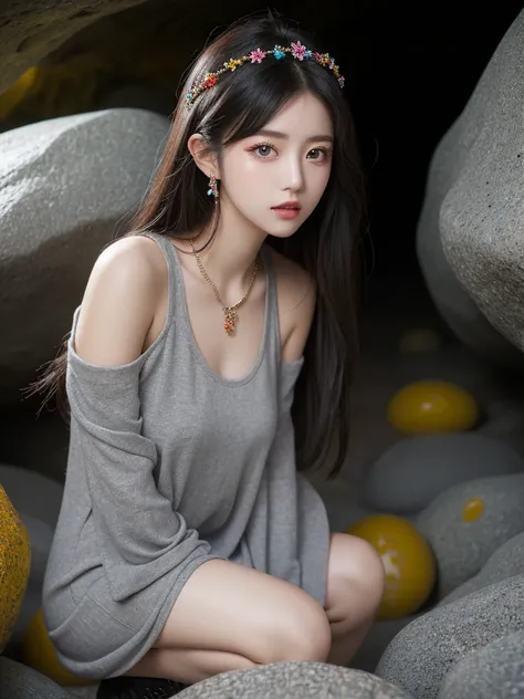 Beautiful woman wearing a grey Wearing swag style clothes mini dress with decorations on the shirt and visible shoulders and wearing boots and being photographed with a background And I was in a cave filled with colorful and cool rocks ,Korean style swag, ...