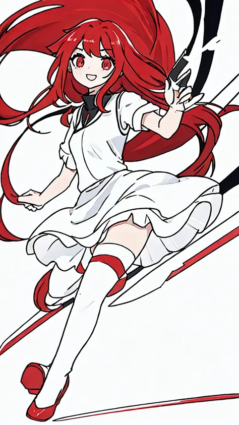 Highest quality, 1 girl, best quality, long red hair, ahoge neck collar shirt black, shows shoulders, white dress, long white skirt on right side, white thigh highs, red eyes, white outfit, smiling, serious eyebrows, full body, holding big sword