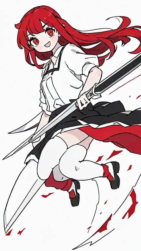 Highest quality, 1 girl, best quality, long red hair, ahoge neck collar shirt black, shows shoulders, white dress, long white skirt on right side, white thigh highs, red eyes, white outfit, smiling, serious eyebrows, full body, holding big sword