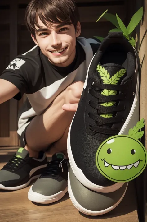 3d illustration , hop plant , fun drawing, with green eyes, mouth smiling, wearing black sneakers, with a camera hanging around his neck and holding a dark-colored beer 