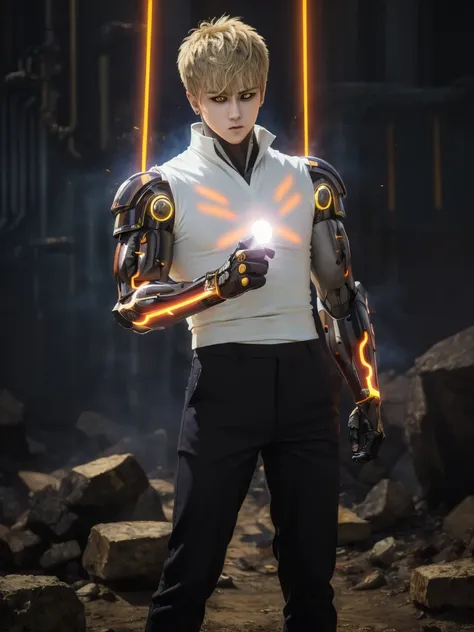 (masterpiece, best quality:1.4), colorful, high contrast, genos white shirt, sleeveless, black pants, mechanical arms, glowing, ...