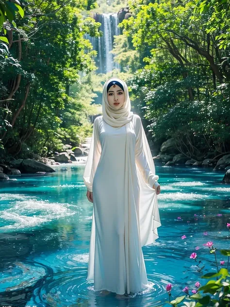 Captivated by her allure, 3 plump womens, they stands amidst a sea of vibrant flowers, they blue, green, and cream hijab flowing gracefully around her. In a world of vivid colors and dreamlike serenity, she enchants with her stunning physique and captivati...