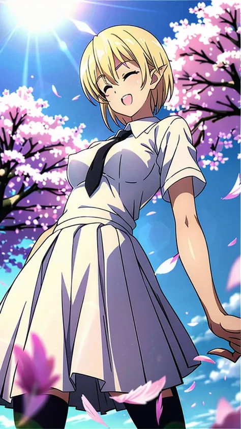 masterpiece, best quality, absurdres, kamogawa,1girl,20s,happy,white shirt,black standard tie,short sleeves,white school skirt,short hair,blonde hair,pointy ears,(harpy,harpy wings), shiny skin, (medium breasts:1.4), outdoors, cherry blossoms, tree, petals...