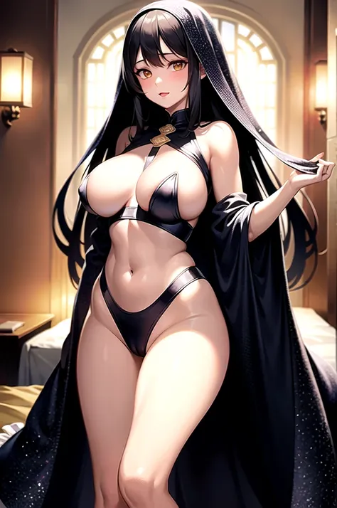 Masterpiece, highres, high Quality, detailed face, detailed body render, 1girl, solo, hyuuga hinata naked flashing  and pussy wearing dupatta , large breasts, big breast, , dark lips, , standing, blushes, (on bedroom)