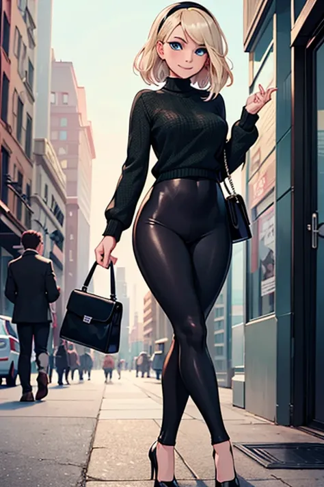 1girl, solo, (masterpiece, top quality, best quality, official art, beautiful and aesthetic:1.2), a woman looking at the viewer, expressive, (Gwen Stacy:1.1), platinum blonde hair, bright blue eyes, black hairband, olive green sweater, black leggings, blac...