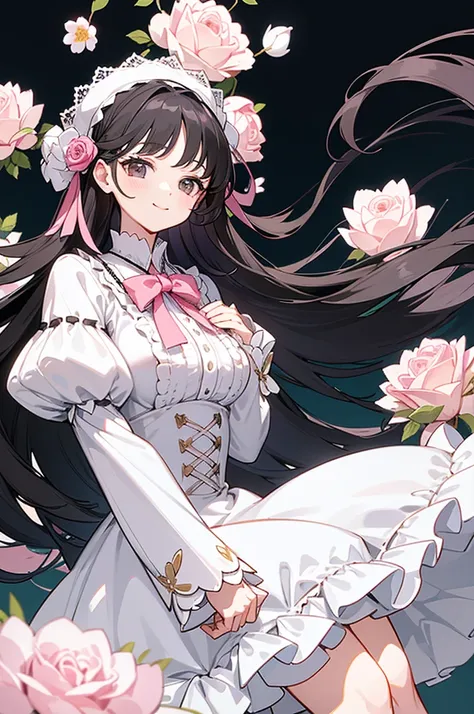 Long black hair、Cute girl with black eyes、smile、Wear classic styles、High waist design and calf length full skirt。The fabric features large white and pink roses on a pale blue background.、It is an intricate floral pattern with green leaves.。on top of one pi...