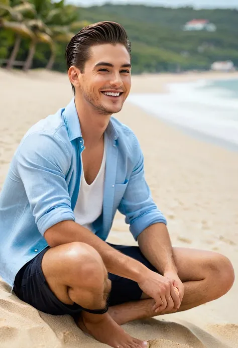 25 year old guy with medium short hair cut and slicked back, dressed in versase style brand name clothes sitting on the sand and looking at the beach on a beautiful summer day AND a beautiful seductive smile on his face.