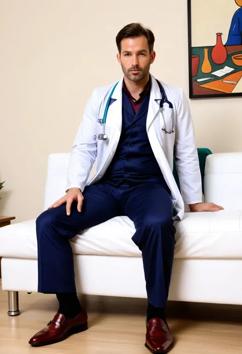 raw photo, full body, a 35-year-old man, dressed as a doctor, is sitting on a guest sofa, looking towards the audience, wearing ...