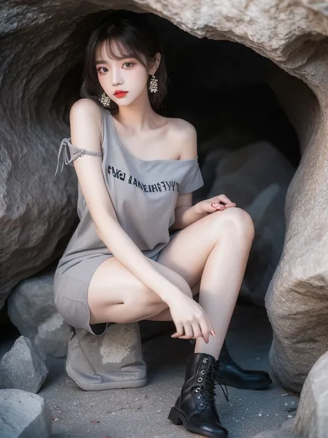 Beautiful woman wearing a grey Wearing swag style clothes mini dress with decorations on the shirt and visible shoulders and wearing boots and being photographed with a background And I was in a cave filled with colorful and cool rocks ,Korean style swag, ...