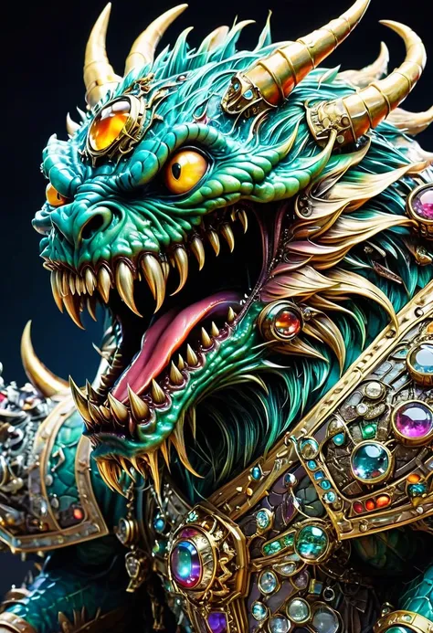 Mimic，Treasure Box Monster，Weird tongue and nasty teeth. Scattered jewelry, by Yoshiyuki Tomino, best quality, masterpiece, very aesthetic, perfect composition, intricate details, ultra-detailed