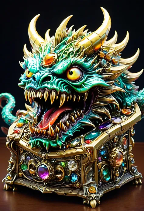 Mimic，Treasure Box Monster，Weird tongue and nasty teeth. Scattered jewelry, by Yoshiyuki Tomino, best quality, masterpiece, very aesthetic, perfect composition, intricate details, ultra-detailed