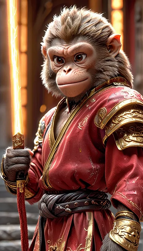 Close-up shot of a monkey, Monkey Martial Artist,whole body, Lightning-charged Fist, Wearing martial arts uniform, Chinese Shaolin Temple Background, High resolution, masterpiece, Highest quality, Super detailed, Super detailed, Ultra-realistic,
 Hong Kong...