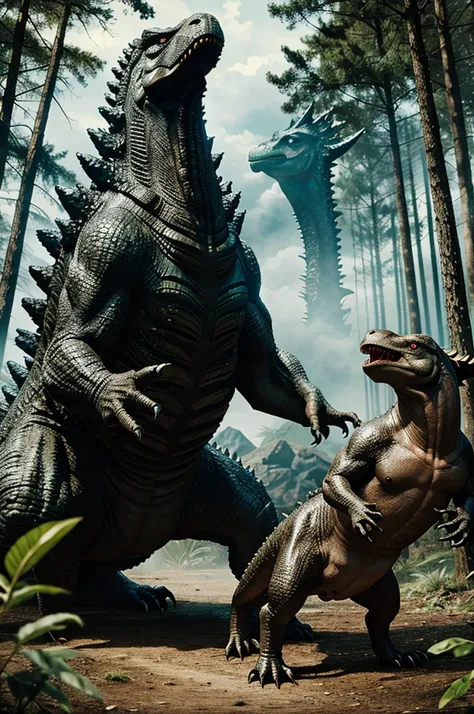 Godzilla vs dinosaur. Fight in forest 