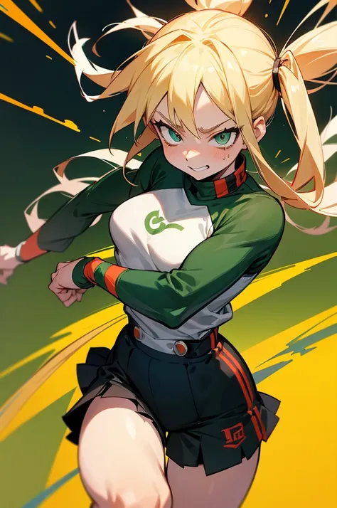 A girl with long pigtails of blonde hair and pretty green eyes, framed by pale skin, stood smirking at Bakugo, her opponent in the U.A. Sports Festival. Her hands glowed a vibrant green, a testament to her quirk, Vital Surge, which allowed her to heal peop...