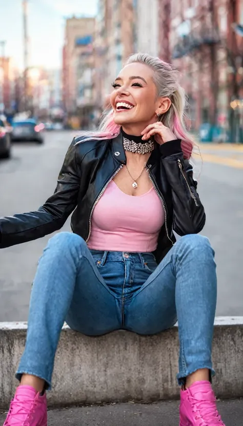 kula diamond, pink cropped, black jacket, chocker, jeans, morning, city, strong, laugh, sit, mature