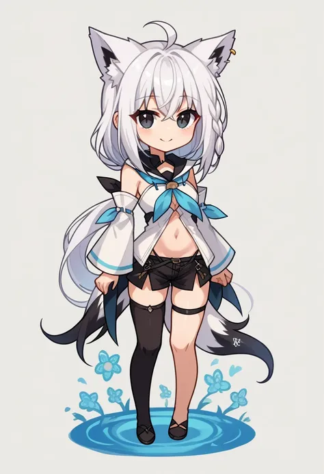 score_9, score_6_up, source_anime BREAK 1girl, solo, full body, chibi, black eyes, white background, fubuki_base, white blouse, detached sleeves, black shorts, blue neckerchief, thigh strap, single thighhigh, white hair, single side braid, ahoge, piercing,...